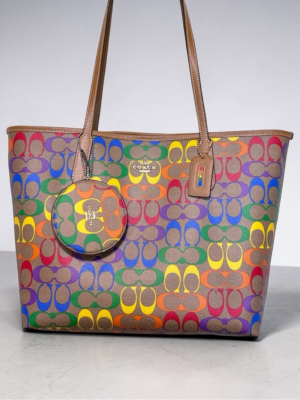 COACH Pride Rainbow Coated Canvas w/Leather Trim City Tote & Circle Pouch